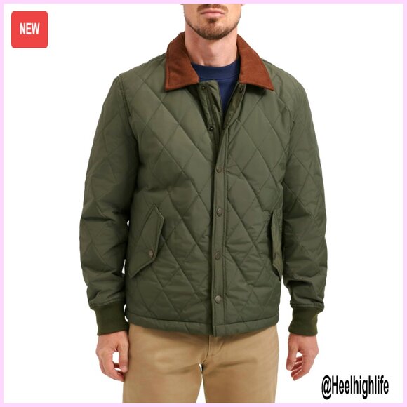 Men's Diamond Quilted Jacket with Corduroy Collar, Rib Cuffs